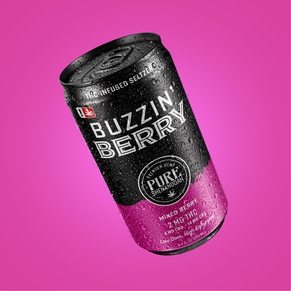 Buzzin Berry THC seltzer can on a bright magenta background