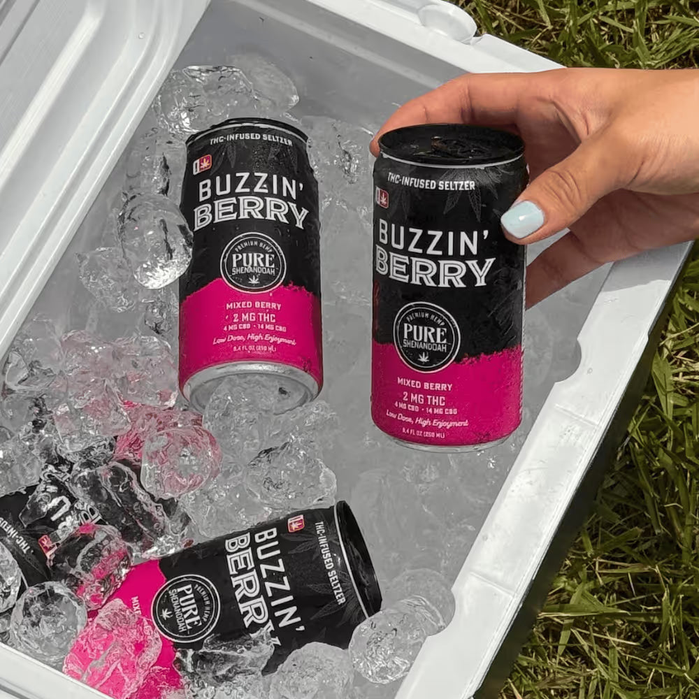 Two Buzzin Berry THC seltzer cans chilling in a cooler of ice
