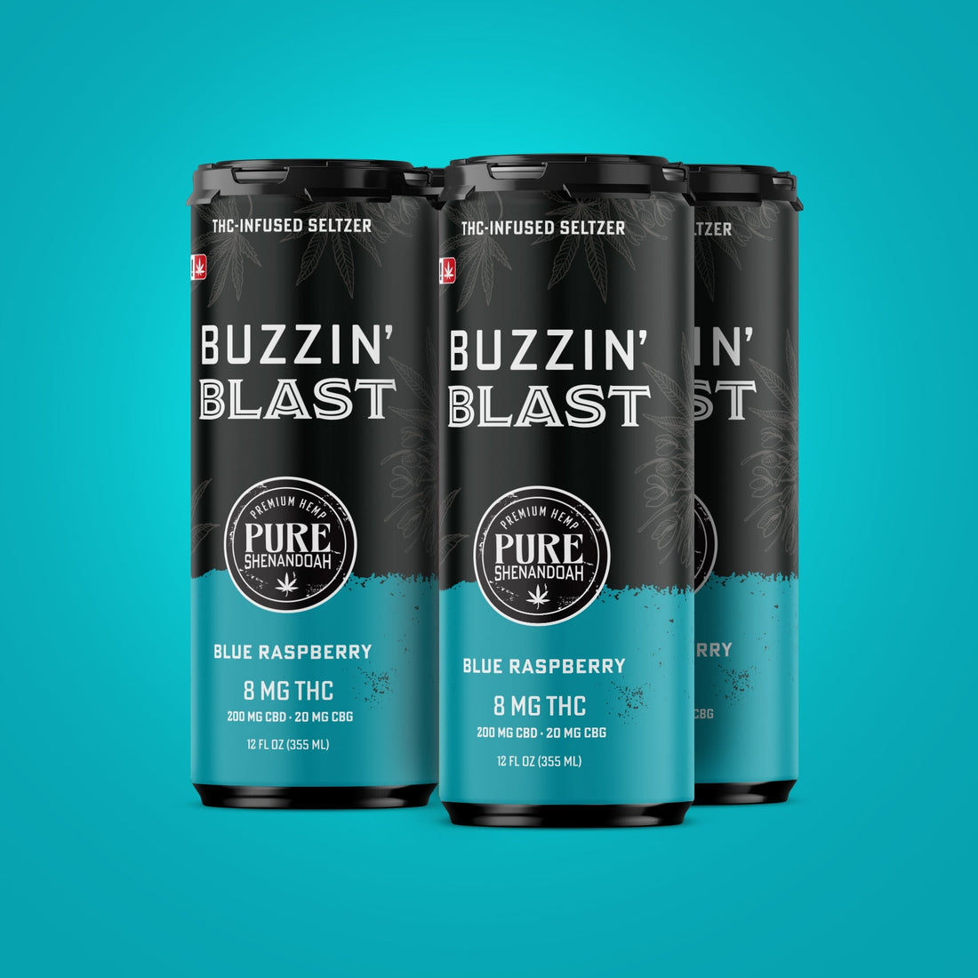Buzzin Blast blue raspberry THC seltzer cans on a teal background