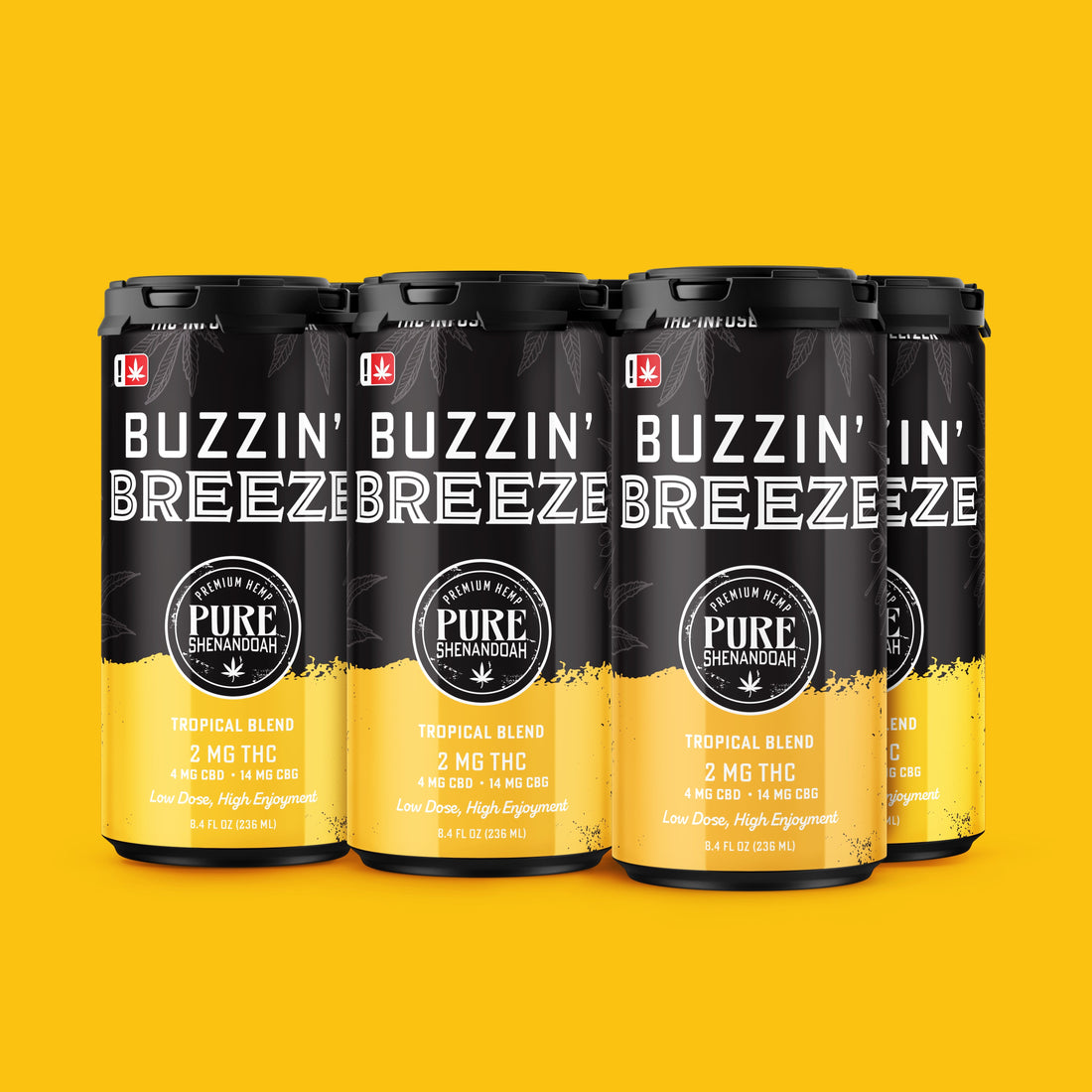 Six-pack of Buzzin Breeze tropical blend THC seltzer on yellow