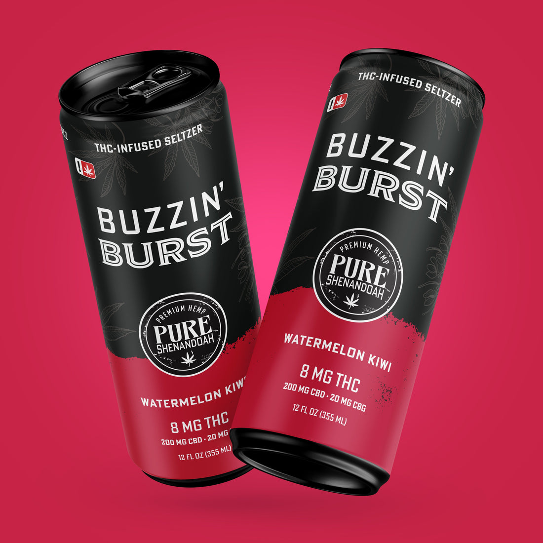Buzzin Burst watermelon lime THC seltzer cans on a red background