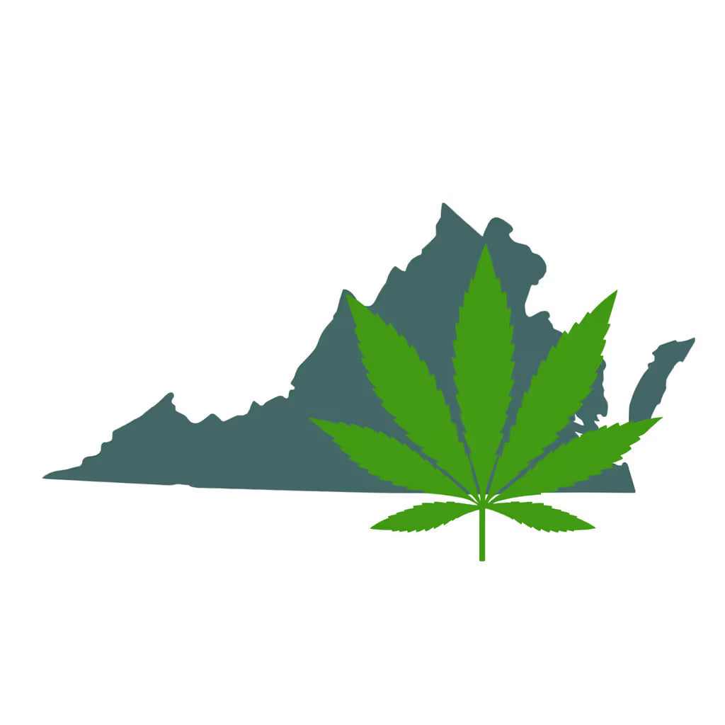 Virginia silhouette filled with a green cannabis leaf