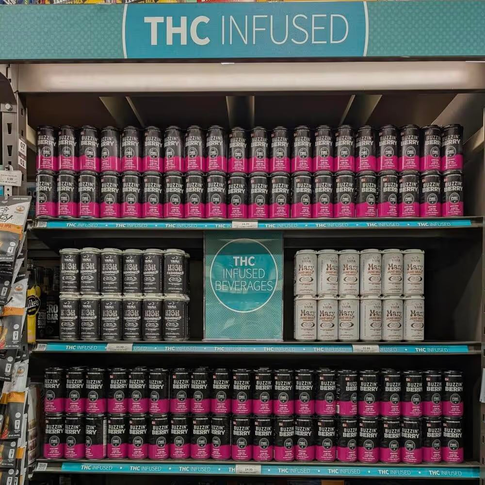 Retail shelf stocked with Buzzin Berry THC seltzer