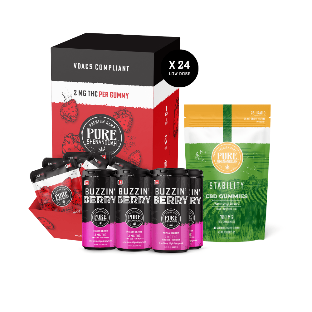 Pure Shenandoah variety pack with THC seltzers gummies and CBD products