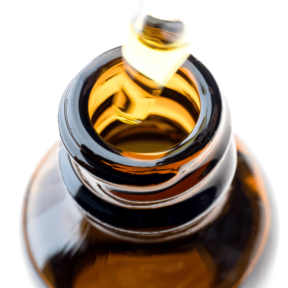 Amber CBD oil dropper bottle viewed from above