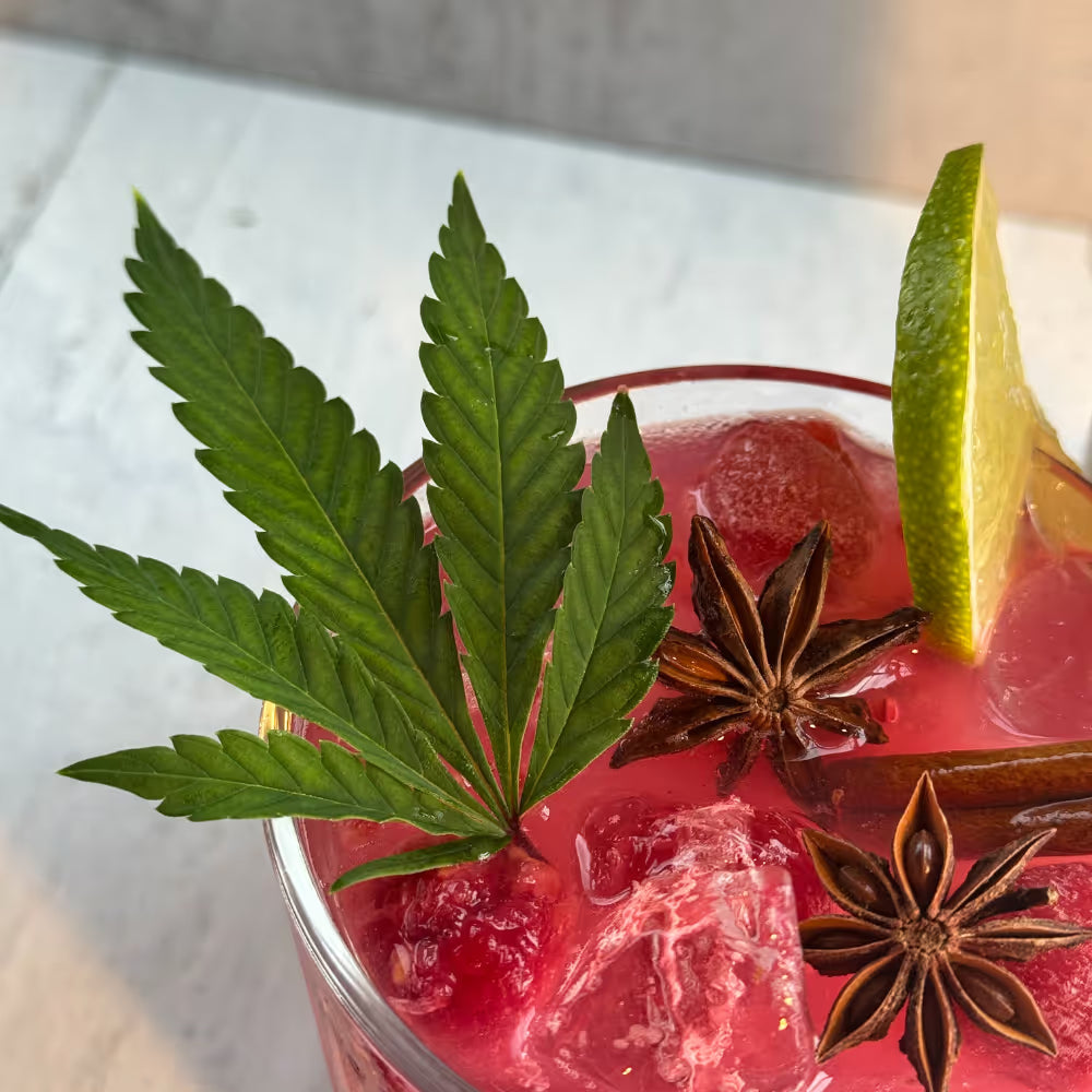 Red infused drink garnished with cannabis leaves lime and star anise