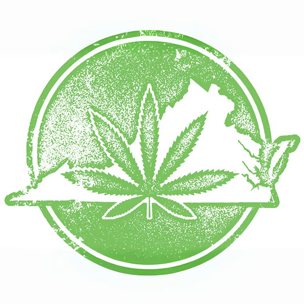 Green Virginia hemp seal with a cannabis leaf and farm pig