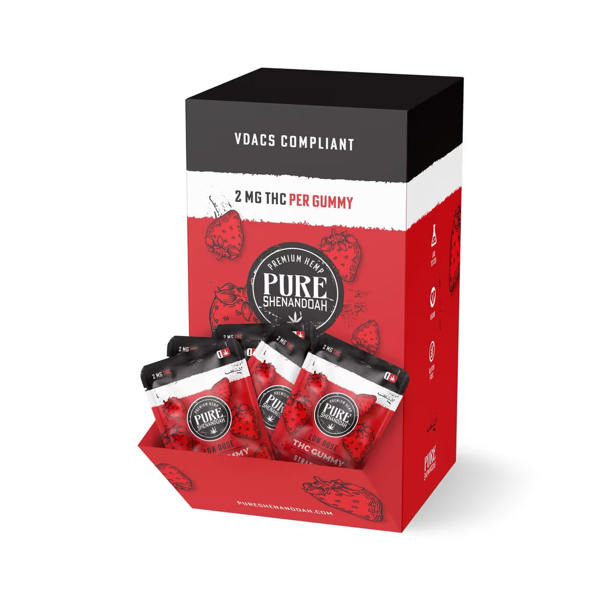 Pure Shenandoah FAQ band image for low-dose-thc-singles. Vendored from live pureshenandoah.com (cdn.prod.website-files.com (Webflow CMS -- live pureshenandoah.com)) on 2026-08-10; source https://cdn.prod.website-files.com/665f8cad01201cae4286a9ee/689233d884aebc21c80451ad_Low%20Dose_Strawberry_Dispenser%20Box%20Large%202.avif. Parity asset, not a final master.