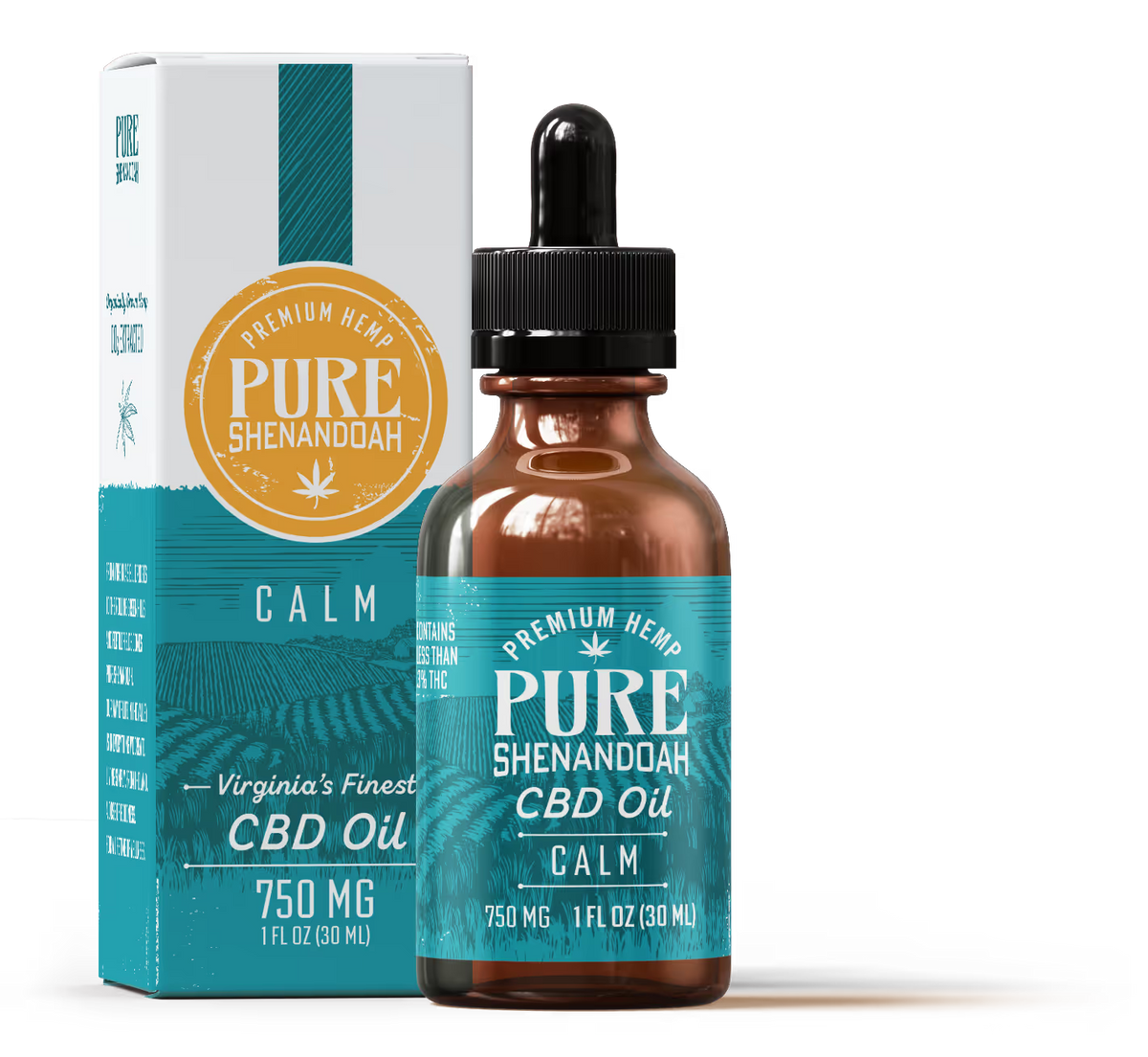 Pure Shenandoah FAQ band image for cbd-oil-calm. Vendored from live pureshenandoah.com (cdn.prod.website-files.com (Webflow CMS -- live pureshenandoah.com)) on 2026-08-10; source https://cdn.prod.website-files.com/665f8cad01201cae4286a9ee/68924b7c997a58aa516b637c_PSH_CBD-oil_Calm750_Bottle-Box-1.avif. Parity asset, not a final master.