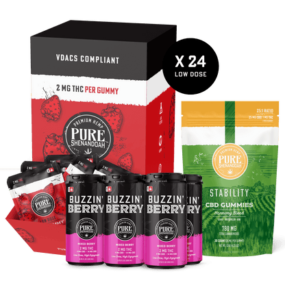 Collection of Pure Shenandoah products including gummies and energy drinks on a white background