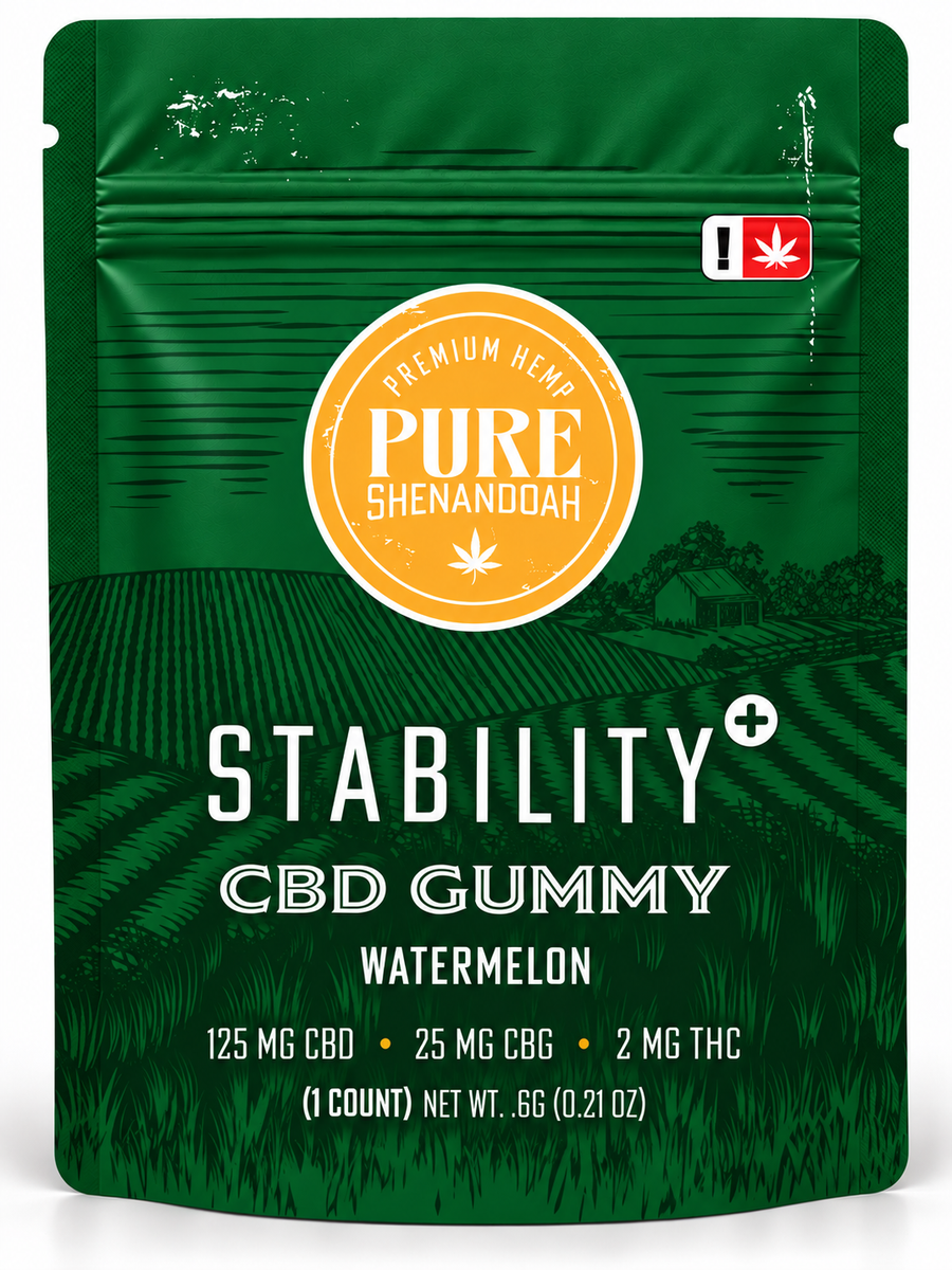Pure Shenandoah Stability Plus watermelon CBD gummy single-serve package: 125 mg CBD, 25 mg CBG, 2 mg THC
