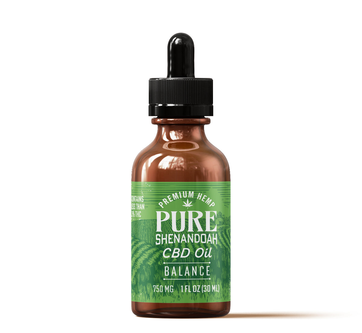 Pure Shenandoah Balance CBD Oil 750mg dropper bottle with green label, displayed on white background.
