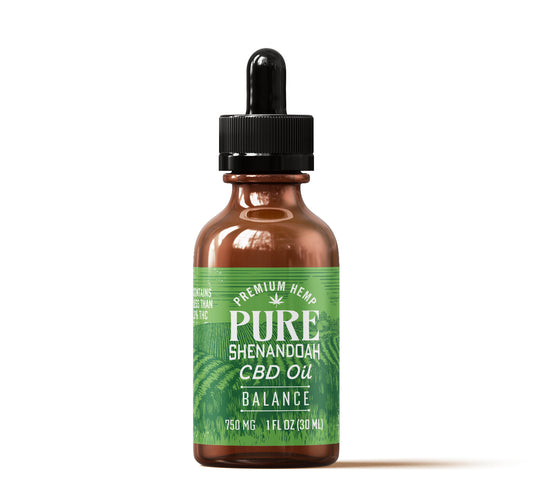 Pure Shenandoah Balance CBD Oil 750mg dropper bottle with green label, displayed on white background.