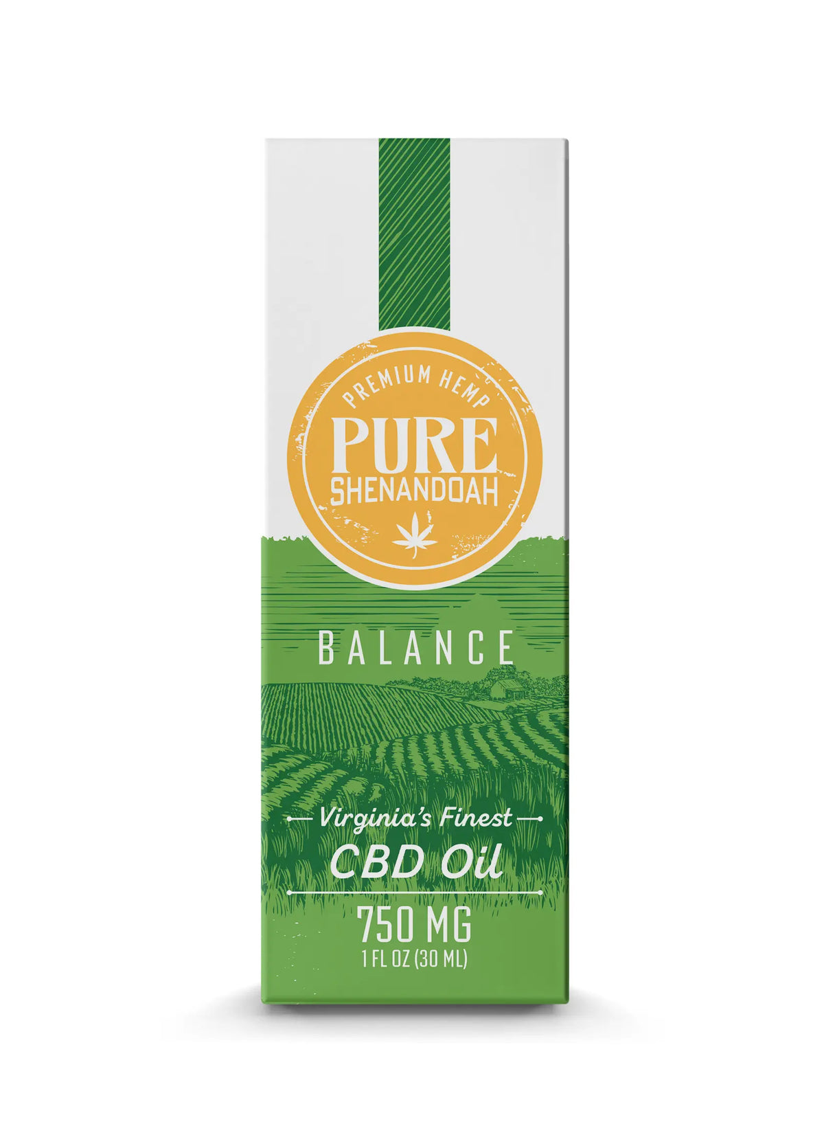 Pure Shenandoah Balance CBD Oil 750mg box front with green label design and product details on white background.