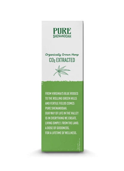 Pure Shenandoah Balance CBD Oil 750mg box left panel highlighting CO₂ extraction and brand story in green and white design.