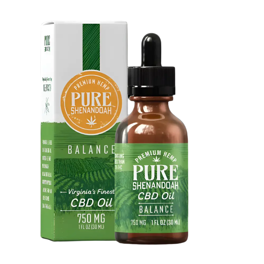 Pure Shenandoah Balance CBD Oil 750mg with dropper bottle and product box, featuring green label and packaging design.