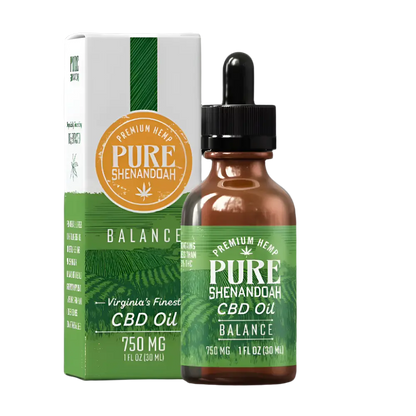 Pure Shenandoah Balance CBD Oil 750mg with dropper bottle and product box, featuring green label and packaging design.