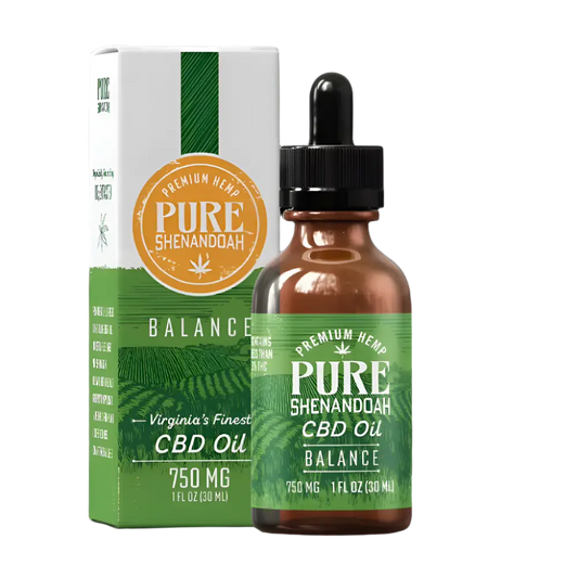 Pure Shenandoah Balance CBD Oil 750mg with dropper bottle and product box, featuring green label and packaging design.
