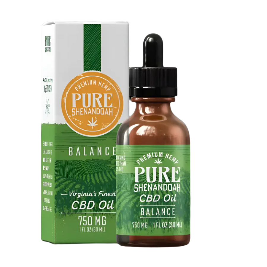 Pure Shenandoah Balance CBD Oil 750mg with dropper bottle and product box, featuring green label and packaging design.