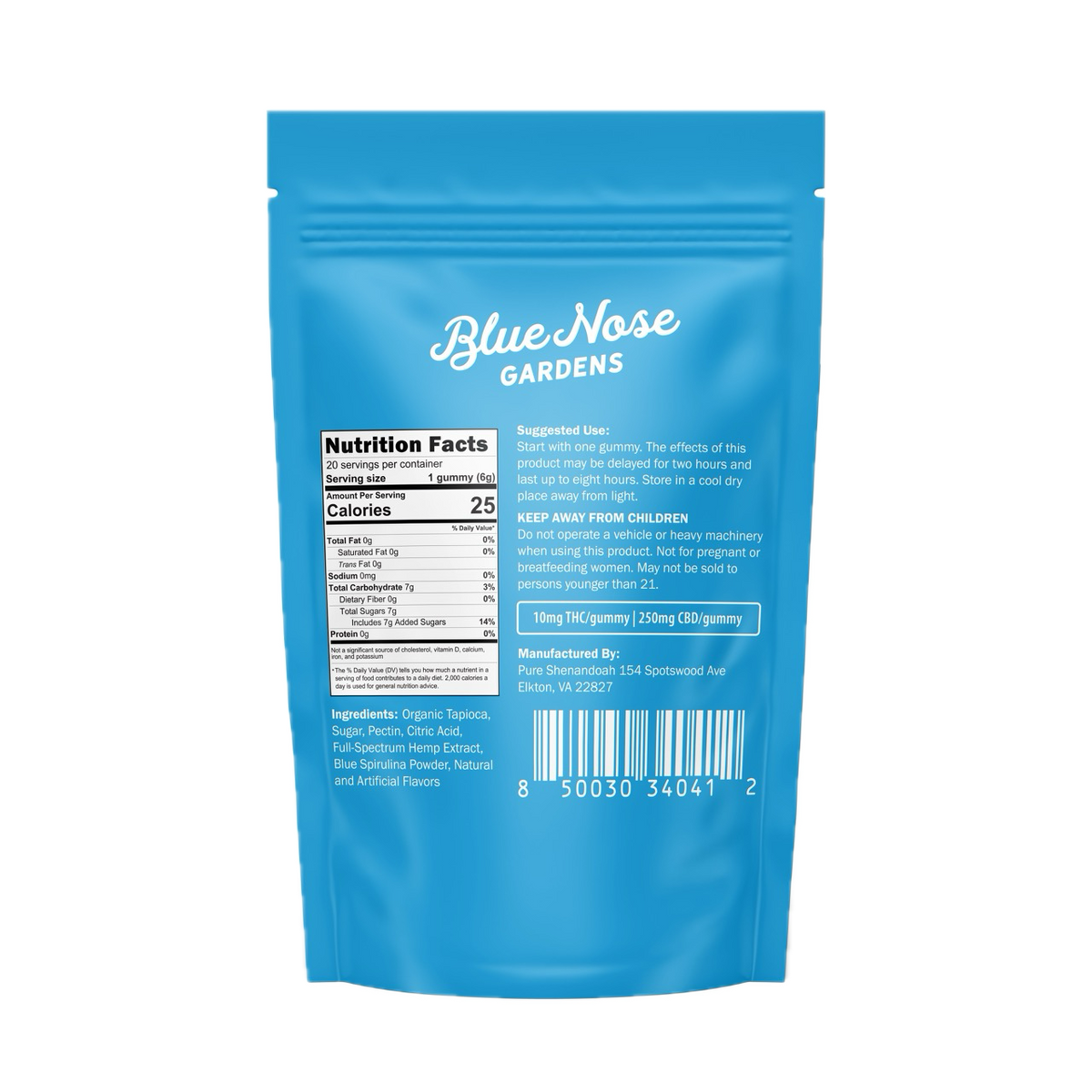 Back of Blue Nose Gardens Blueberry Rush THC Gummies bag with nutrition facts, ingredients, and usage instructions.