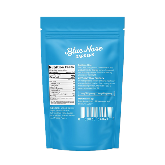 Back of Blue Nose Gardens Blueberry Rush THC Gummies bag with nutrition facts, ingredients, and usage instructions.