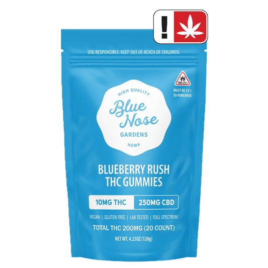 Blue Nose Gardens Blueberry Rush THC Gummies bag, 10mg THC and 250mg CBD, 20 count package.