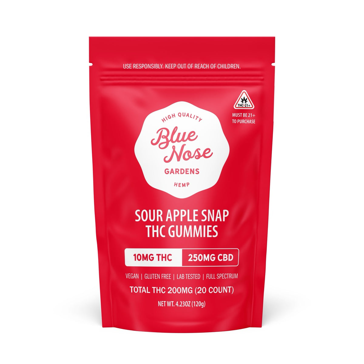 Blue Nose Gardens Sour Apple Snap THC Gummies bag, 10mg THC and 250mg CBD, 20 count package.