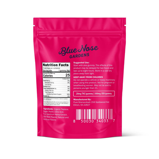 Back of Blue Nose Gardens Strawberry Twist THC Gummies bag with nutrition facts, ingredients, and product details.