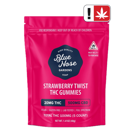 Blue Nose Gardens Strawberry Twist THC Gummies bag, 20mg THC and 500mg CBD, 5 count package.
