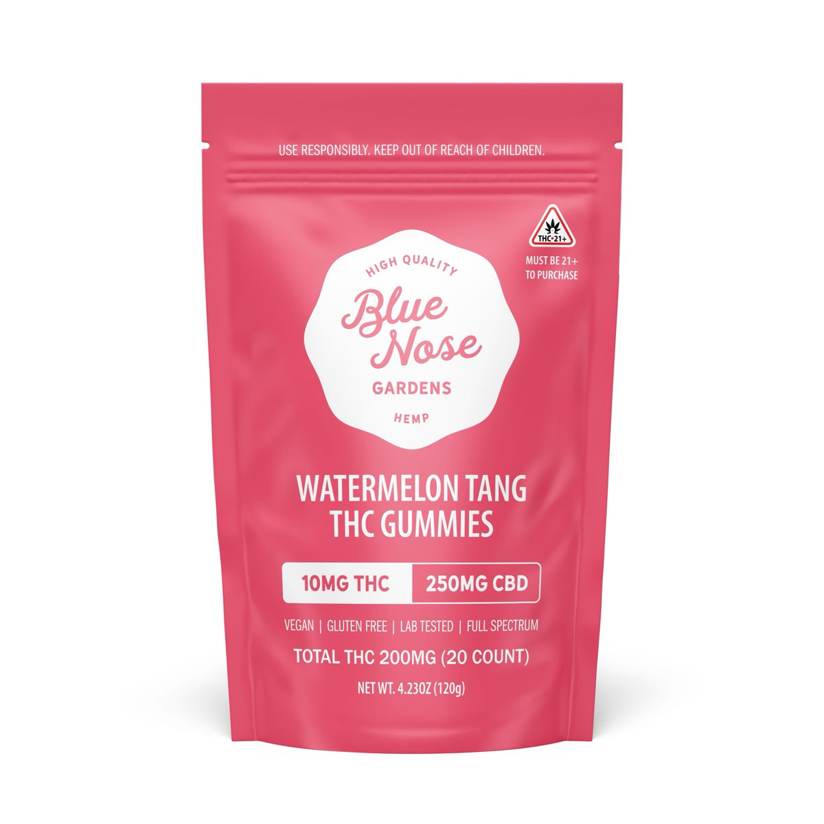 Blue Nose Gardens Watermelon Tang THC Gummies bag, 10mg THC and 250mg CBD, 20 count package.