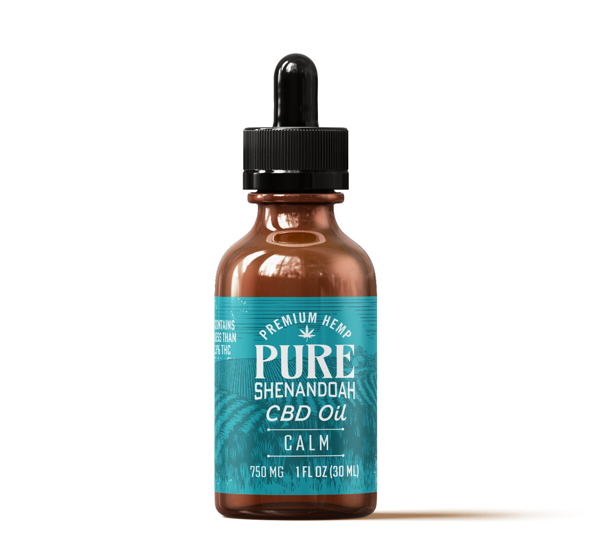 Pure Shenandoah Calm CBD Oil 750mg in a brown dropper bottle with teal product label.