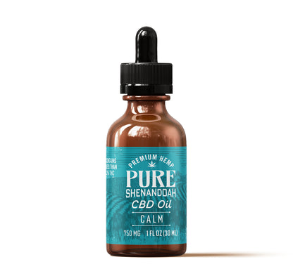 Pure Shenandoah Calm CBD Oil 750mg in a brown dropper bottle with teal product label.
