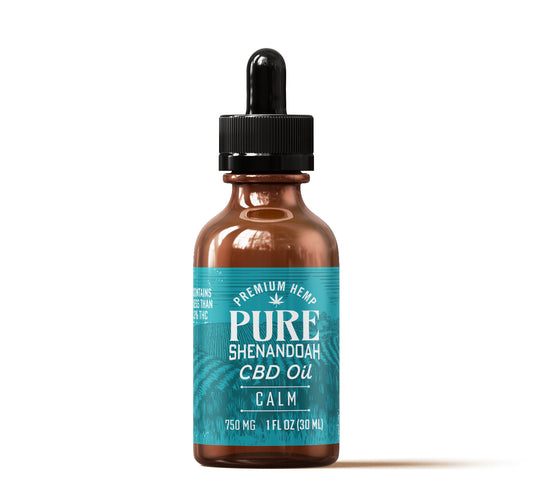 Pure Shenandoah Calm CBD Oil 750mg in a brown dropper bottle with teal product label.