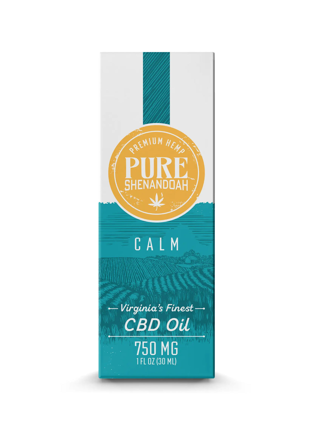 Pure Shenandoah Calm CBD Oil 750mg front of product box with teal and white design.