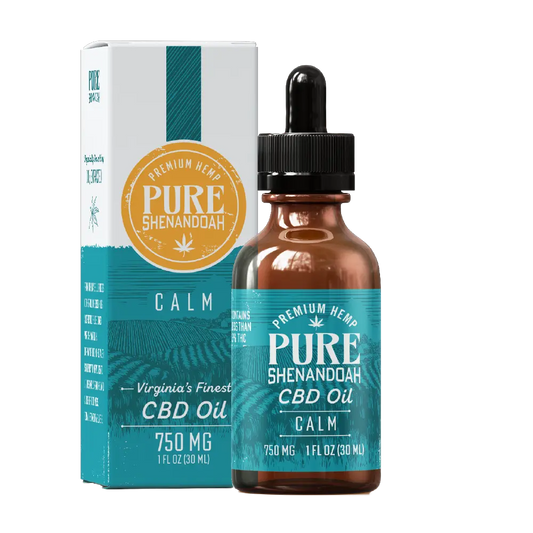 Pure Shenandoah Calm CBD Oil 750mg with brown dropper bottle and teal label shown alongside matching product box.