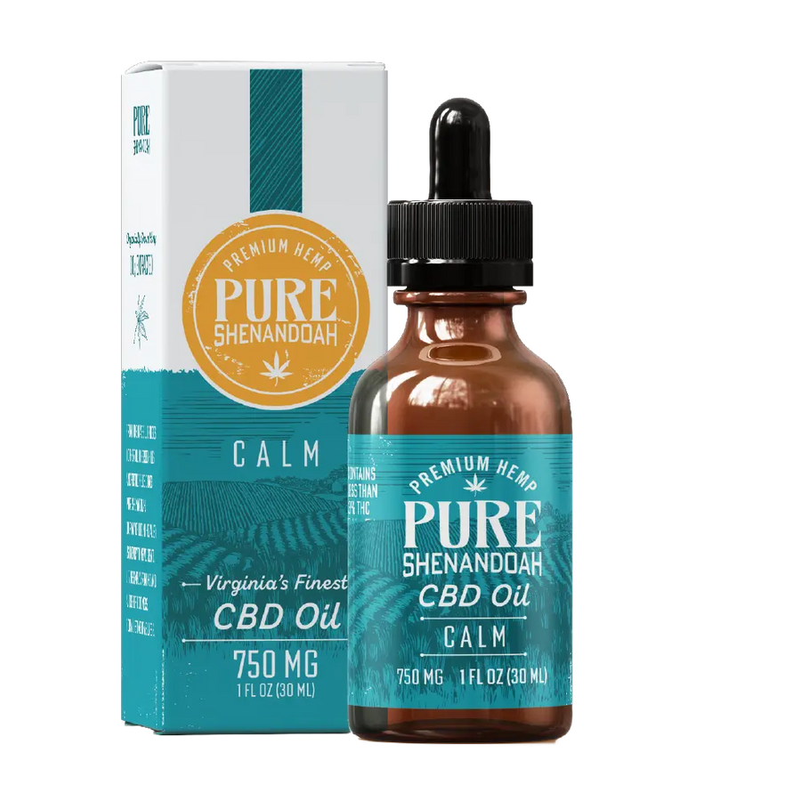 Pure Shenandoah Calm CBD Oil 750mg with brown dropper bottle and teal label shown alongside matching product box.
