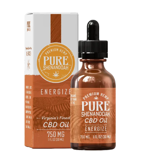 Pure Shenandoah Energize CBD Oil 750mg with amber glass dropper bottle and matching orange box, labeled as Virginia’s Finest CBD Oil.