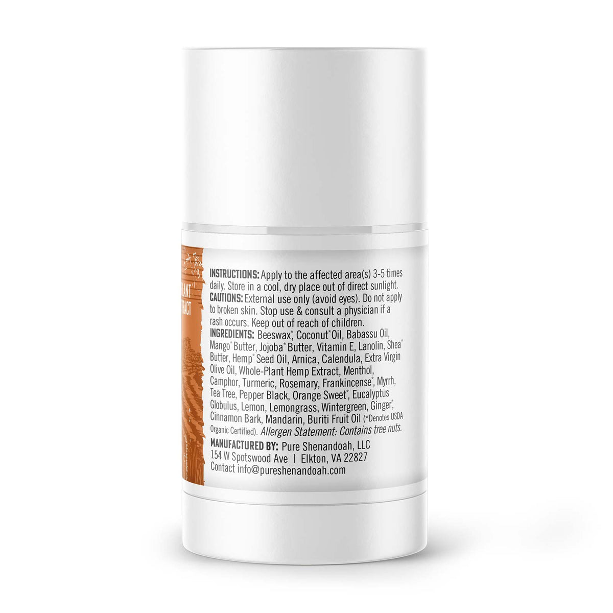 Back view of Pure Shenandoah Perform CBD Twist-up, 2000 mg CBD, 1 oz container. Label shows ingredients list, directions, cautions, and manufacturer details.