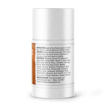 Back view of Pure Shenandoah Perform CBD Twist-up, 2000 mg CBD, 1 oz container. Label shows ingredients list, directions, cautions, and manufacturer details.