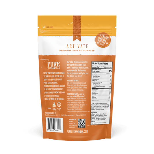 Back view of Pure Shenandoah Activate CBG Gummies pouch showing nutrition facts, suggested use, ingredients, barcode, and Pure Shenandoah branding.
