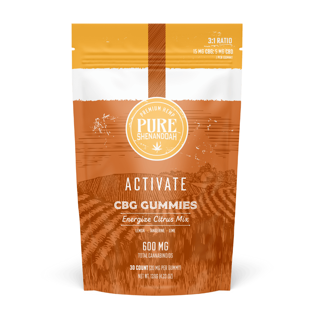 Front view of Pure Shenandoah Activate CBG Gummies pouch, 30-count Energize Citrus Mix with lemon, tangerine, and lime flavors, labeled 600 mg total cannabinoids (20 mg per gummy).
