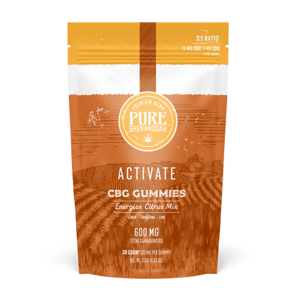 Front view of Pure Shenandoah Activate CBG Gummies pouch, 30-count Energize Citrus Mix with lemon, tangerine, and lime flavors, labeled 600 mg total cannabinoids (20 mg per gummy).