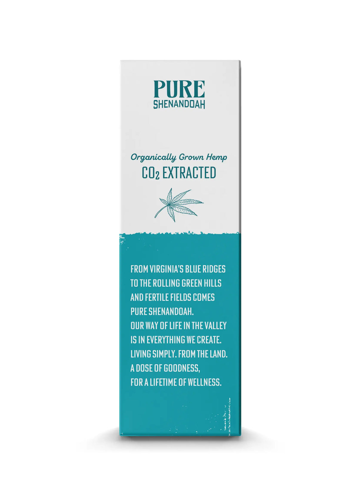 Pure Shenandoah Calm CBD Oil 750mg box, left side view highlighting CO₂ extracted organically grown hemp details.