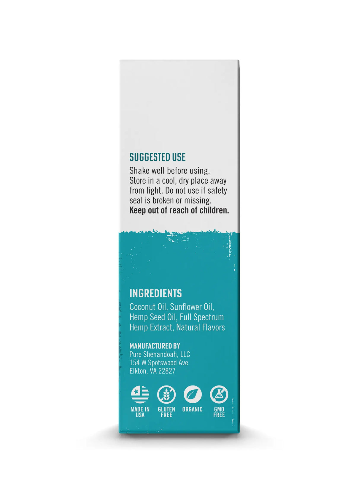 Pure Shenandoah Calm CBD Oil 750mg box, right side view showing suggested use, ingredients, and product details.