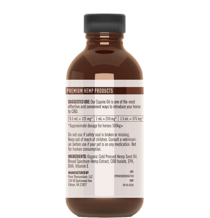 Back label of Pure Shenandoah Equine CBD Oil bottle showing suggested use, ingredients, dosage chart, and manufacturer information.