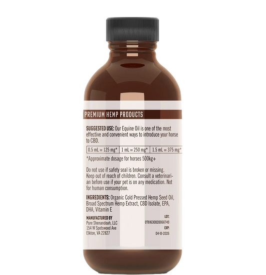 Back label of Pure Shenandoah Equine CBD Oil bottle showing suggested use, ingredients, dosage chart, and manufacturer information.