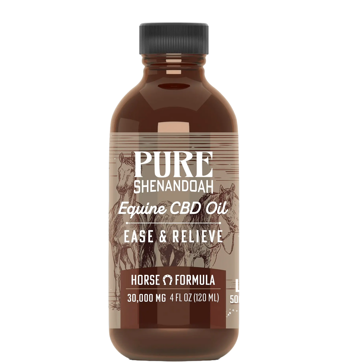 Pure Shenandoah Equine CBD Oil bottle, Ease & Relieve Horse Formula with 30,000mg CBD in 4oz size.