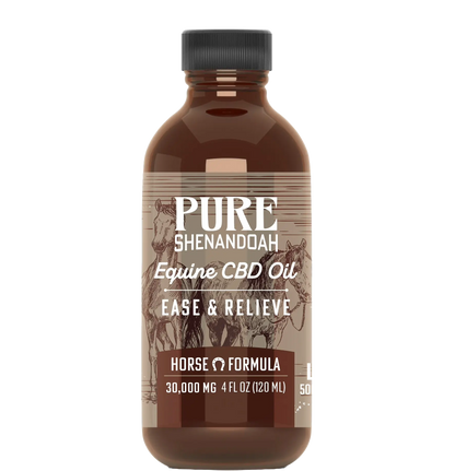 Pure Shenandoah Equine CBD Oil bottle, Ease & Relieve Horse Formula with 30,000mg CBD in 4oz size.