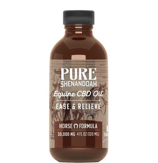 Pure Shenandoah Equine CBD Oil bottle, Ease & Relieve Horse Formula with 30,000mg CBD in 4oz size.
