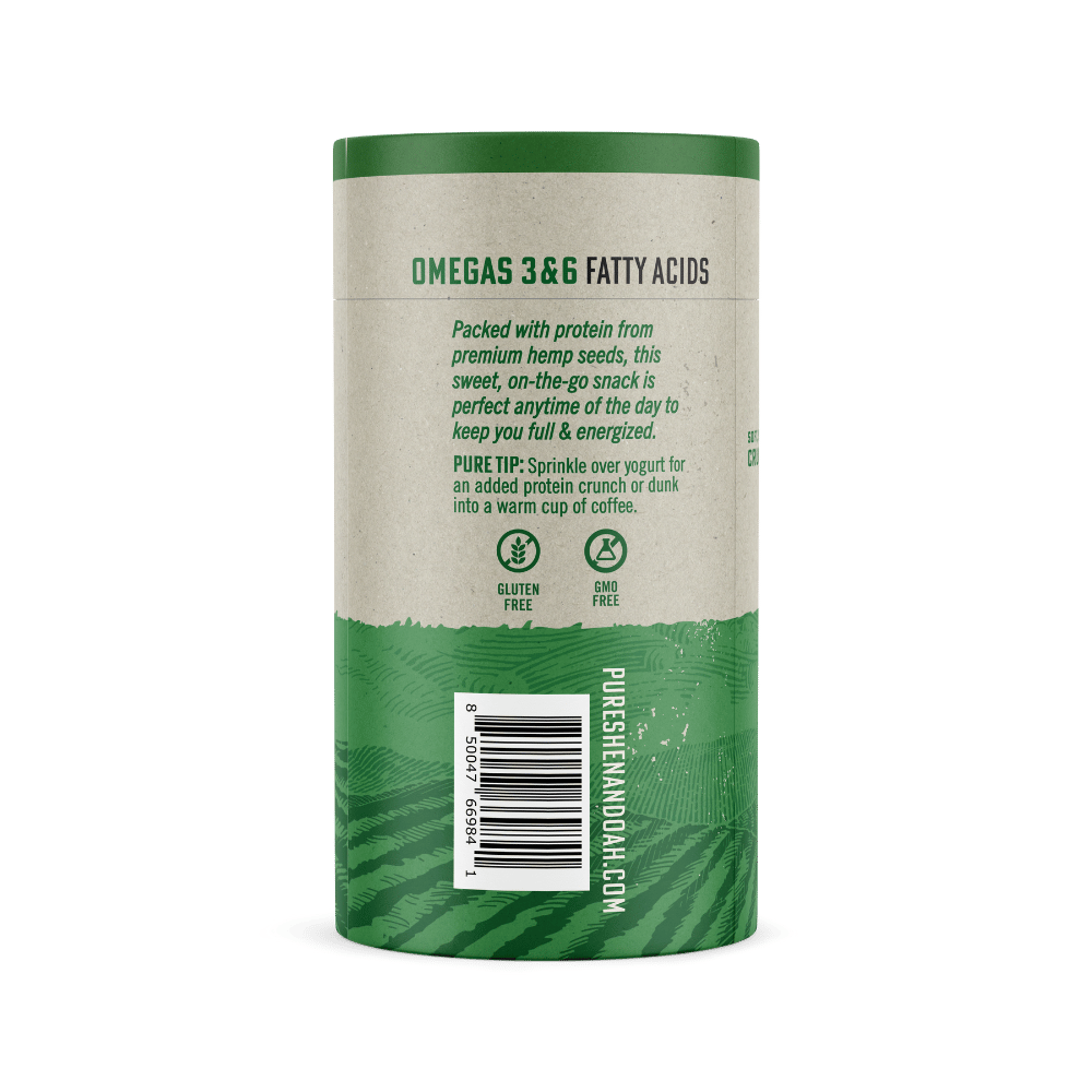 Back of Pure Shenandoah Hemp Seed Cookies container with nutrition information, product details, and barcode.